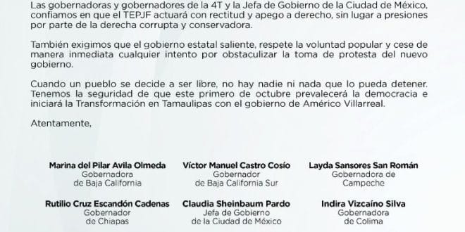 Salen Gobernadores de Morena a dar apoyo a Américo y piden a Tribunal actuar con rectitud Salen Gobernadores de Morena a dar apoyo a Américo y piden a Tribunal actuar con rectitud