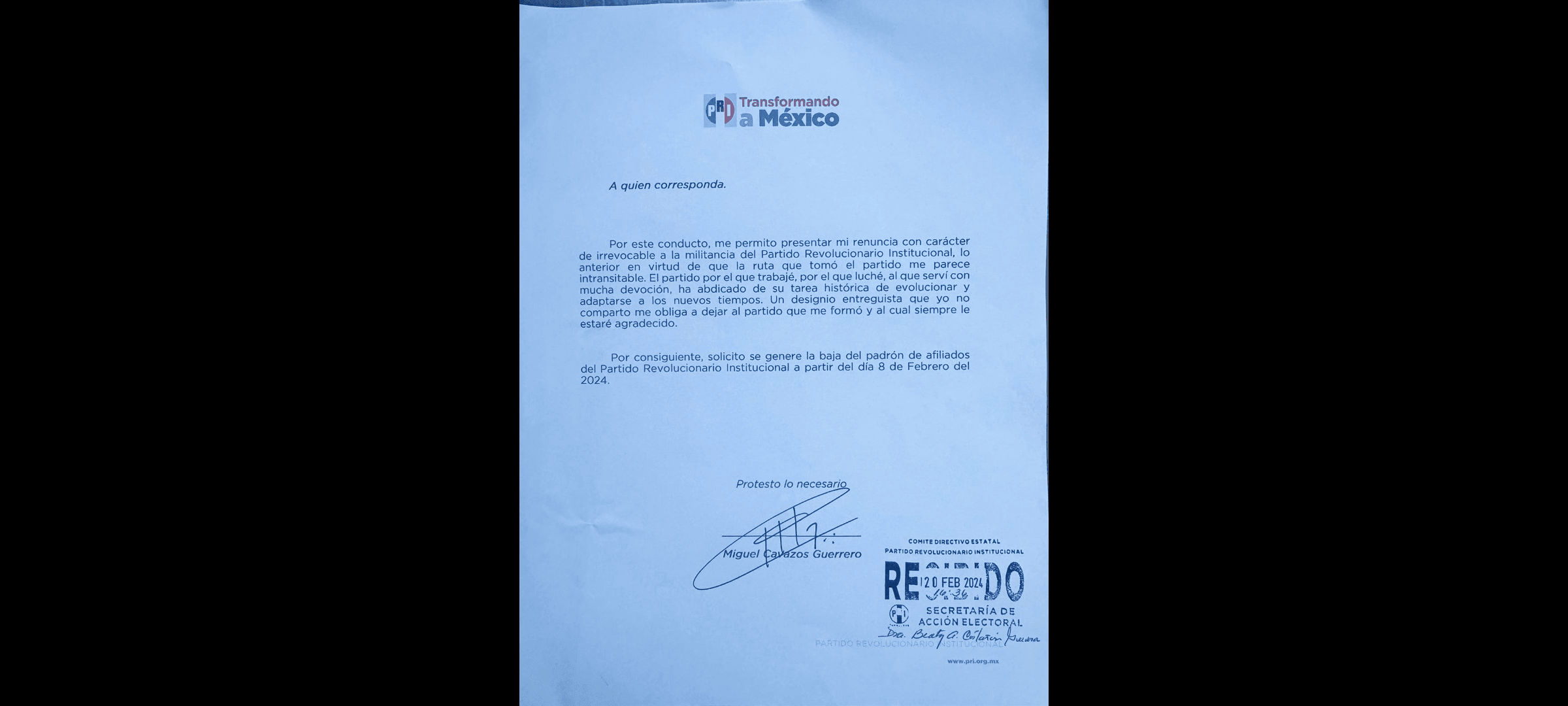 Abandona Cavazos filas del PRI