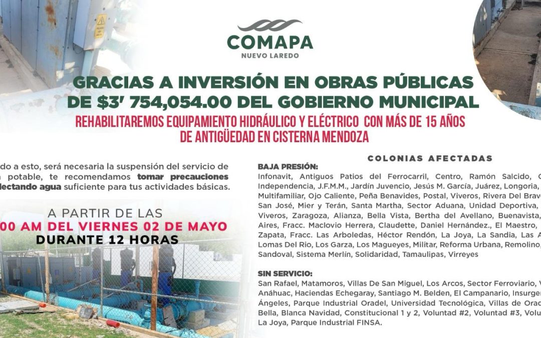 Rehabilitará COMAPA equipos hidráulicos y eléctricos en Cisterna Mendoza